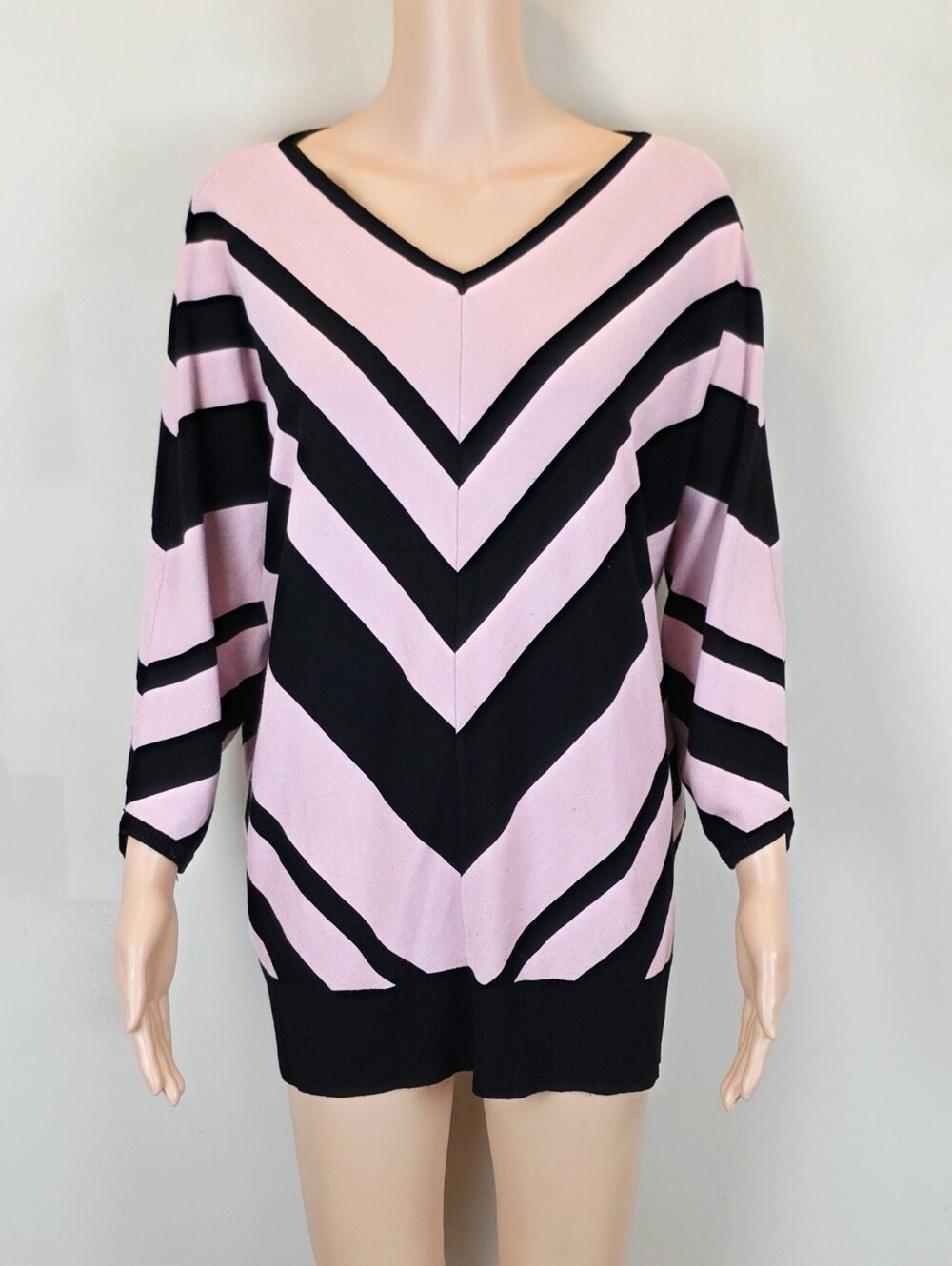 Magaschoni V-Neck Pimk Black Stripe Sweater